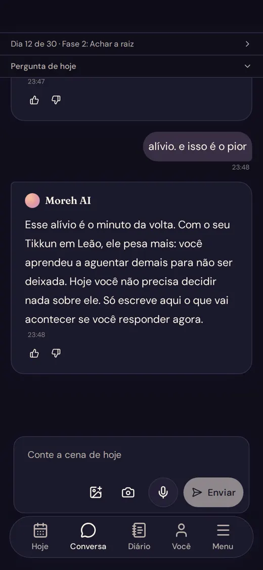 Conversa no app: a cena das 23h47 contada ao Moreh AI e a resposta ligada ao Tikkun