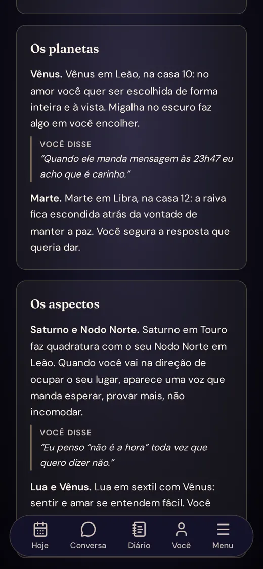 Leitura do mapa natal com trechos "Você disse" ao lado de cada ponto do mapa